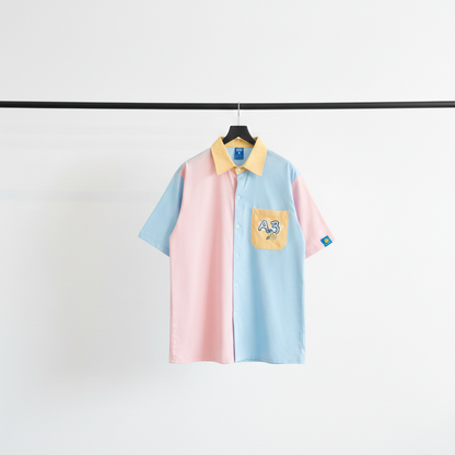 Oversized Split-Color Short Sleeve Shirt | K-Fashion Graphic Pocket Button-Up