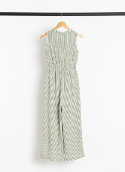 Women's Smocked Bodice Sleeveless Jumpsuit | Striped Wide-Leg Cropped Culotte