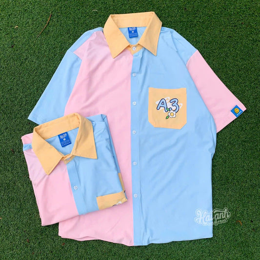 Oversized Split-Color Short Sleeve Shirt | K-Fashion Graphic Pocket Button-Up