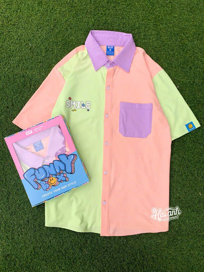 Oversized Split-Color Short Sleeve Shirt | K-Fashion Graphic Pocket Button-Up