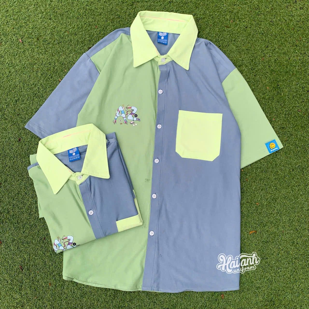 Oversized Split-Color Short Sleeve Shirt | K-Fashion Graphic Pocket Button-Up