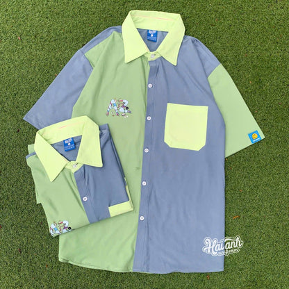 Oversized Split-Color Short Sleeve Shirt | K-Fashion Graphic Pocket Button-Up
