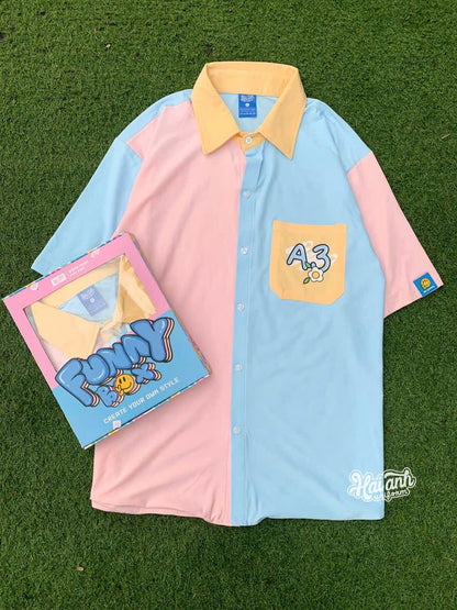 Oversized Split-Color Short Sleeve Shirt | K-Fashion Graphic Pocket Button-Up