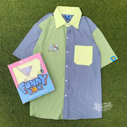 Oversized Split-Color Short Sleeve Shirt | K-Fashion Graphic Pocket Button-Up