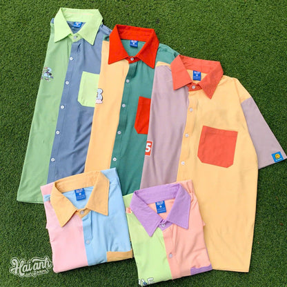 Oversized Split-Color Short Sleeve Shirt | K-Fashion Graphic Pocket Button-Up