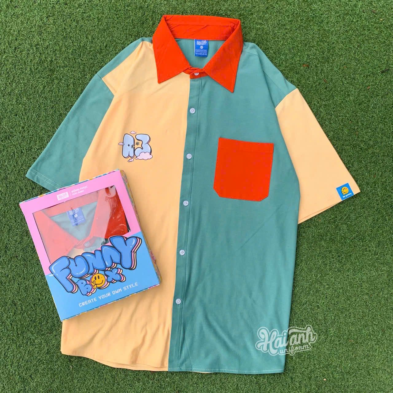 Oversized Split-Color Short Sleeve Shirt | K-Fashion Graphic Pocket Button-Up