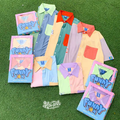 Oversized Split-Color Short Sleeve Shirt | K-Fashion Graphic Pocket Button-Up