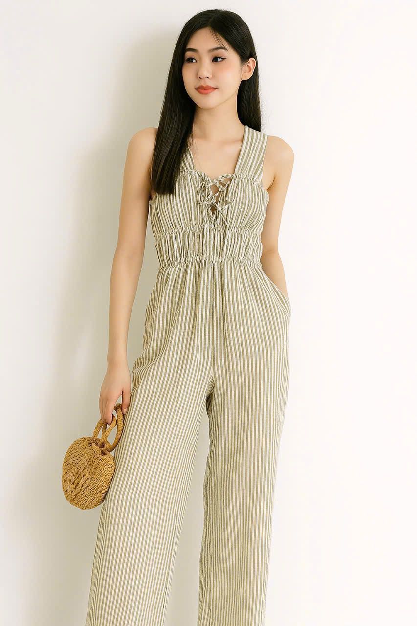 Women's Smocked Bodice Sleeveless Jumpsuit | Striped Wide-Leg Cropped Culotte