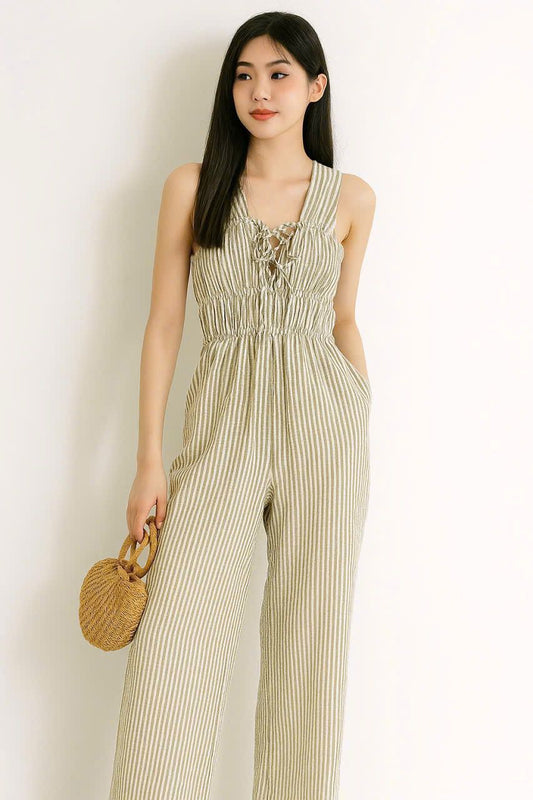 Women's Smocked Bodice Sleeveless Jumpsuit | Striped Wide-Leg Cropped Culotte