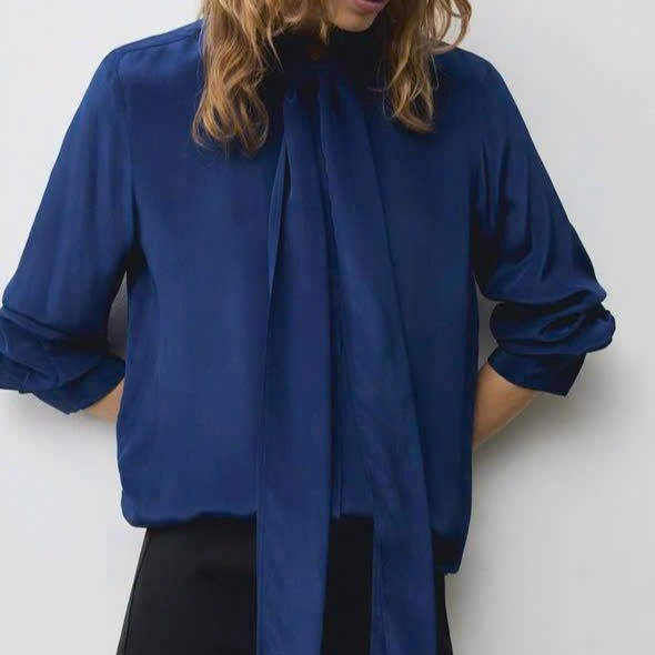 Women's Elegant Tie-Neck Blouse | Long Sleeve Satin